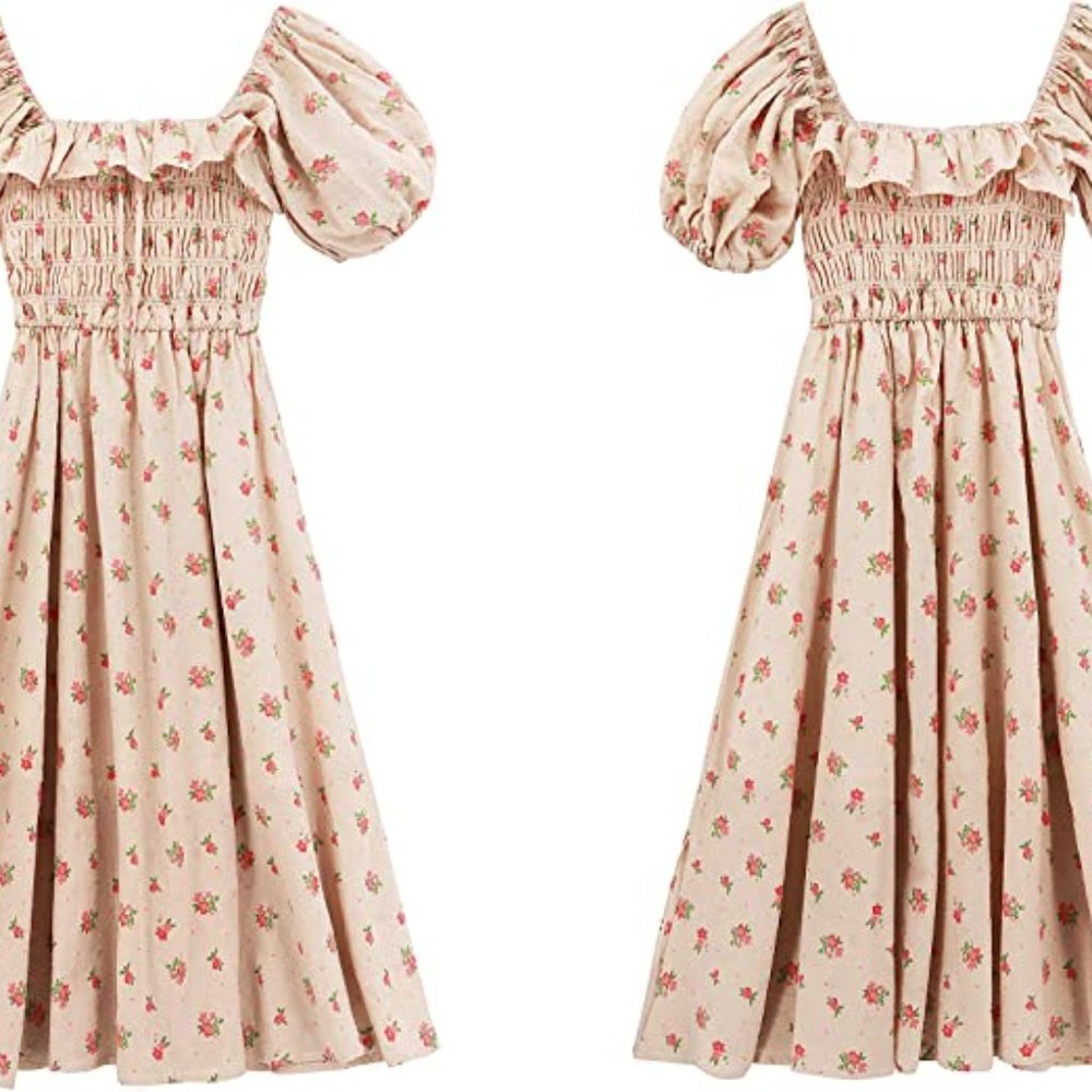 Beige and Pink Cottagecore Smocked Puff Sleeve Nap Dress